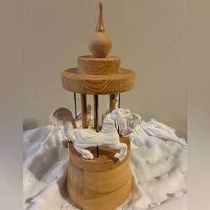 Handcrafted Wooden Carousel Horse Figurine in Natural Wood and White